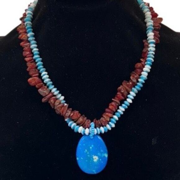 Vintage Hawaiian Vacation Necklace Women's Blue Red Double Strand Beaded Chips - Picture 6 of 6
